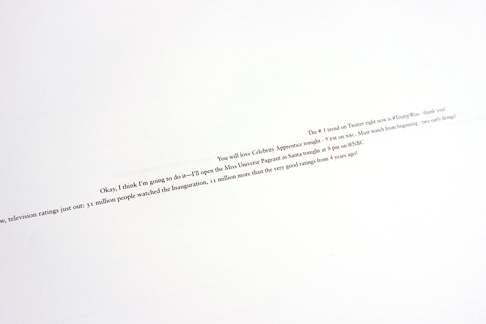 emma_e_k's tweet photo. Rewriting Orwell's dystopian fiction with Trump's alternative facts, my final MA project '1984 by realdonaldtrump' @macdandco @csmgraphics https://t.co/ahzw1N0g8s