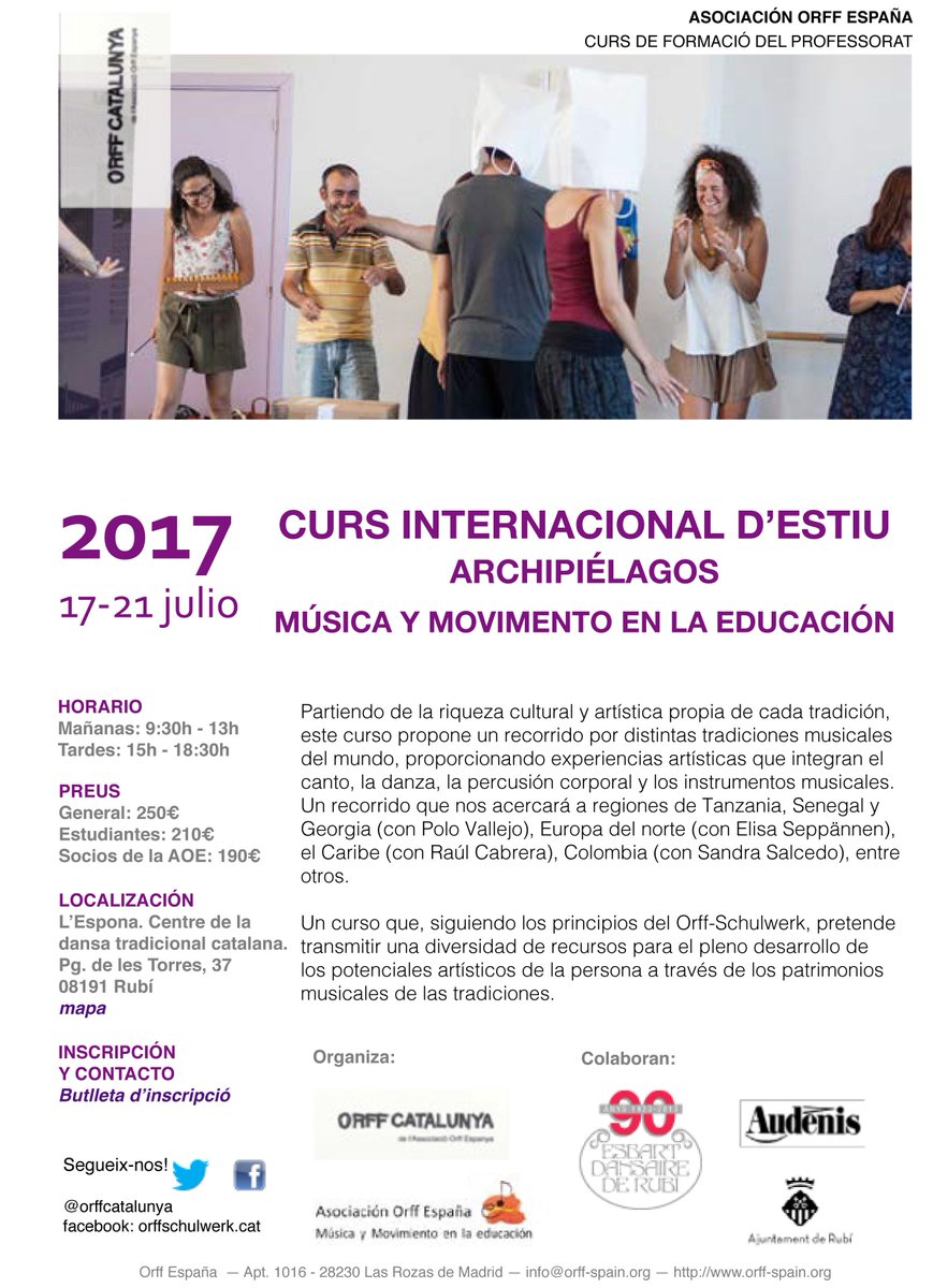 orffcatalunya's tweet photo. Curso internacional de verano "Archipiélagos" #orffschulwerk #formacionprofesorado #educacionmusical #rubiciutat #AOE https://t.co/YY6XeXe8CX