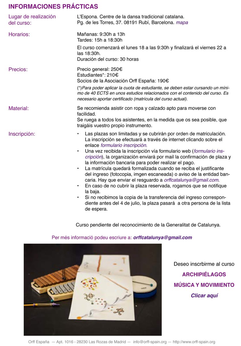 orffcatalunya's tweet photo. Curso internacional de verano "Archipiélagos" #orffschulwerk #formacionprofesorado #educacionmusical #rubiciutat #AOE https://t.co/YY6XeXe8CX