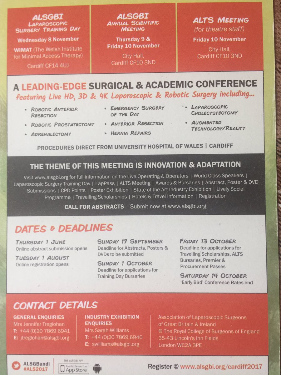 <a href="/ALSGBandI/">ALSGBandI</a> Abstracts open for ALSGBI laparoscopic conference Cardiff Nov 2017.  asgbi.org.uk will be published in <a href="/SurgEndosc/">Surgical Endoscopy</a>