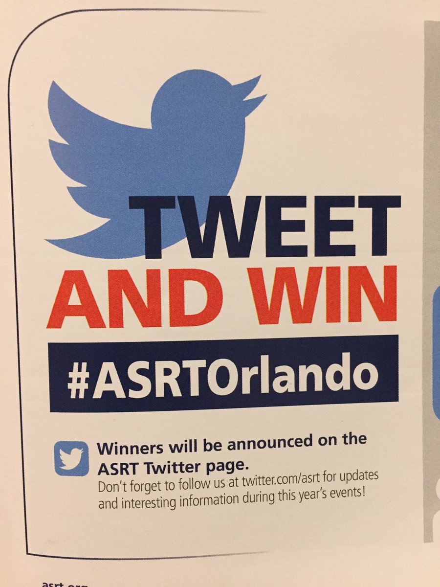 ASRT's tweet photo. Today is the last day to Tweet and Win. Tweet about a topic raised during any meeting or event and you could win!  #ASRTOrlando https://t.co/22xvbBMSgg