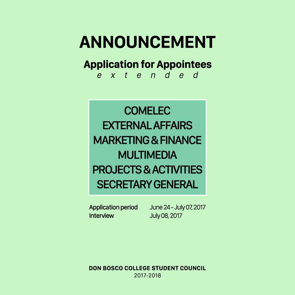 dbcscofficial's tweet photo. [Announcement]
The application for Appointees has been EXTENDED.

Resume: https://t.co/Mdeva37WFz

Submit to: dbmanda_csc@one-bosco.org https://t.co/gDppvEyHIk