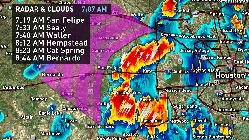 BlakeMathewsWX's tweet photo. Strong thunderstorms heading northwest towards San Felipe, Sealy and Hempstead. #KHOU11 #BlindingRain https://t.co/jEa5xfhB7j