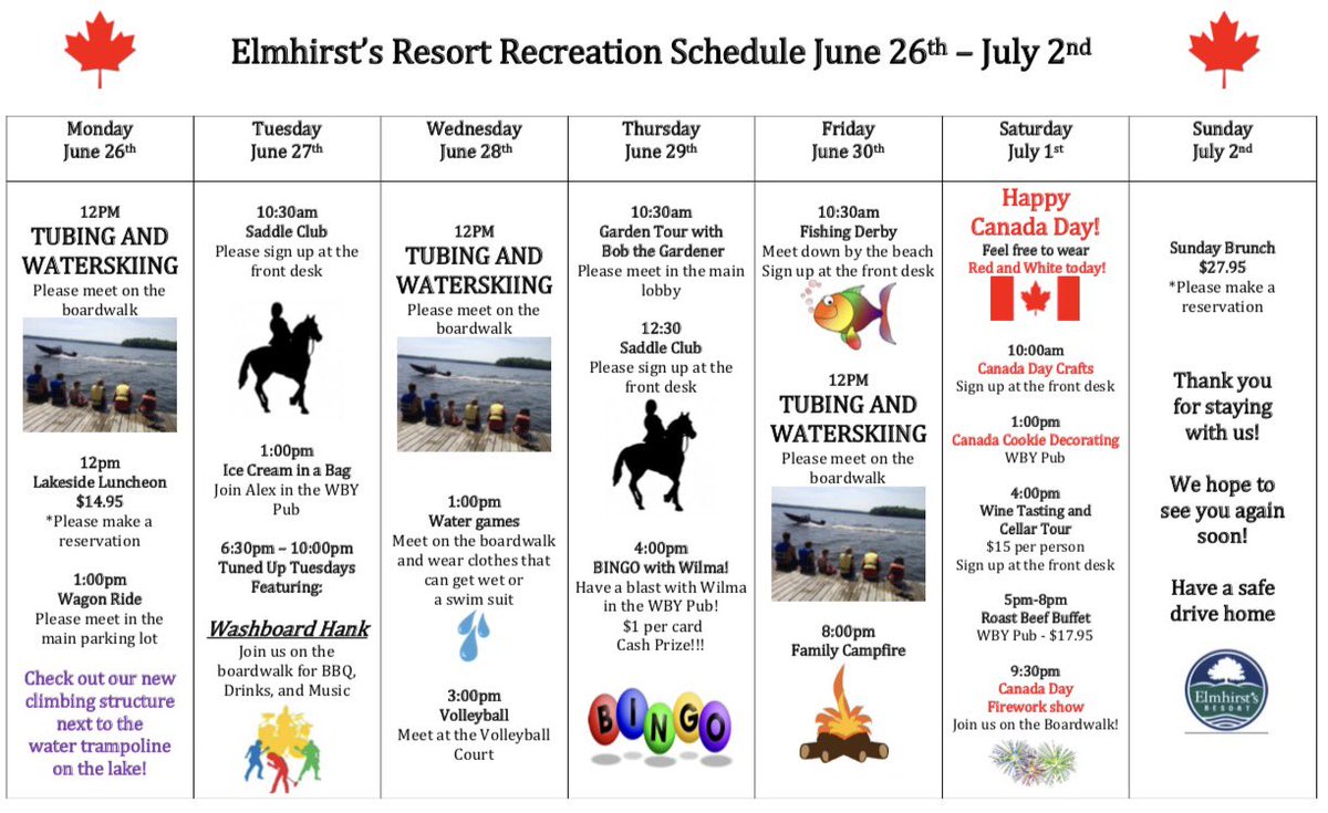 ElmhirstsResort's tweet photo. Our week ahead 🇨🇦#Canada150 recreation activities. Tuesday eve join us for @washboardhank1 on the boardwalk &amp; BBQ #listenlive #listenlocal https://t.co/aogoma1nCe