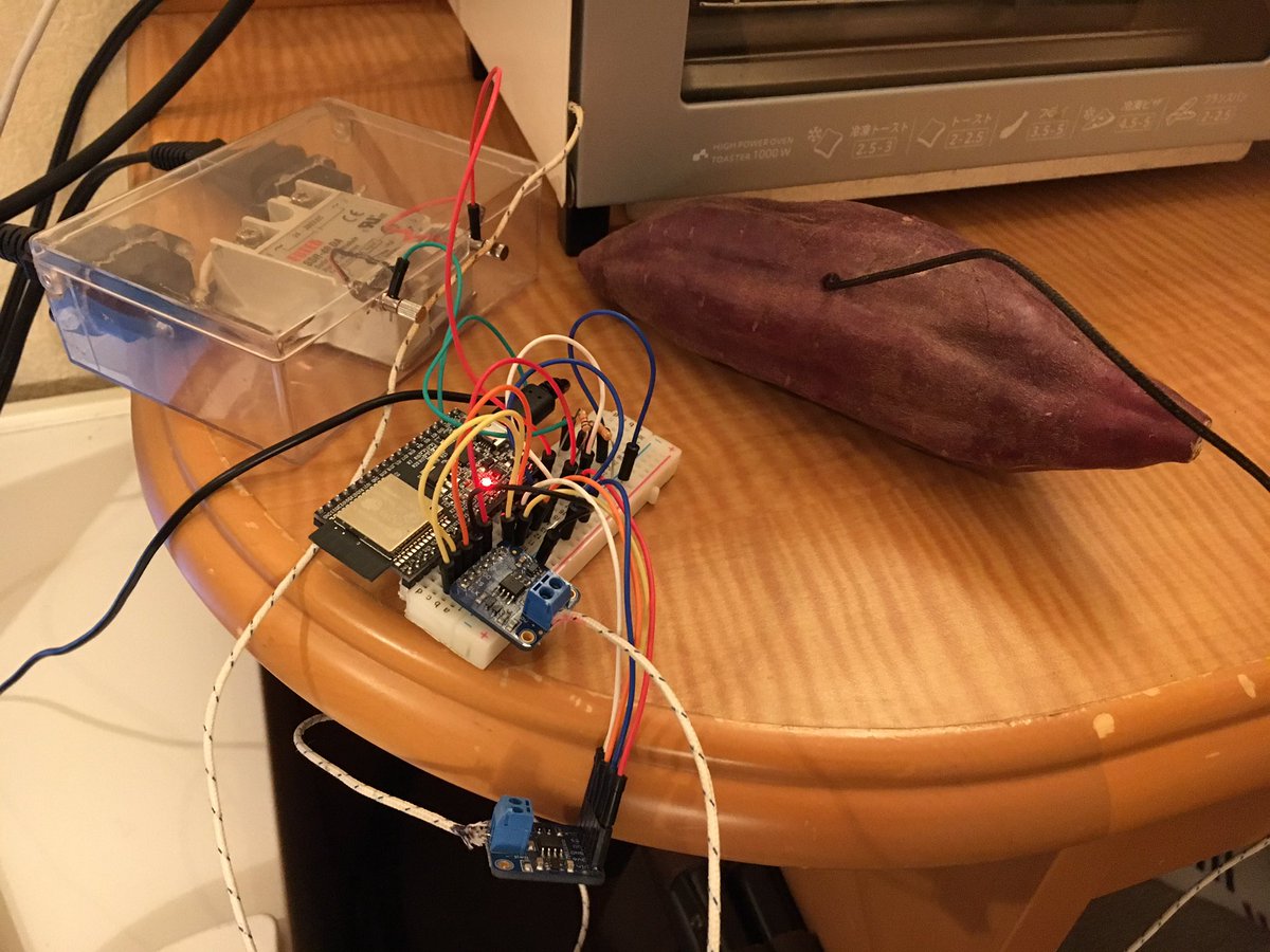 SteveKasuya2's tweet image. #ESP32焼き芋機 の熱電対による温度測定系は2系統あって、1つは焼き芋機の温度制御用、もう1つは芋にぶっ刺して芋の内部温度測定用。 #inahack