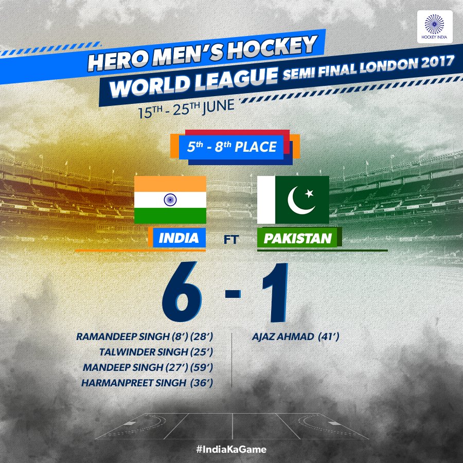 TheHockeyIndia's tweet image. FT! A scintillating display by India as they secure a comfortable win over Pakistan in the Hero Men&apos;s #HWL2017 SF in London on 24th June.