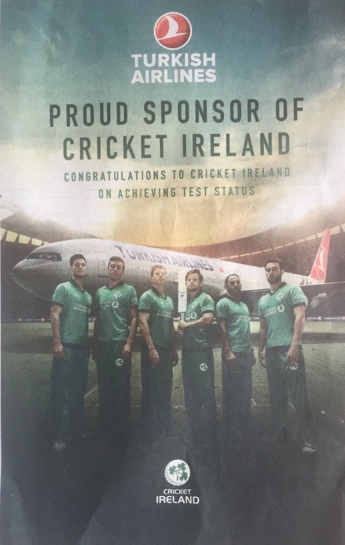 cricketireland's tweet photo. Big thank you to our sponsors @TurkishAirlines for their message of congratulations on the cover of today's @IrishTimes #IrelandTestStatus https://t.co/4ClIpZlVn4