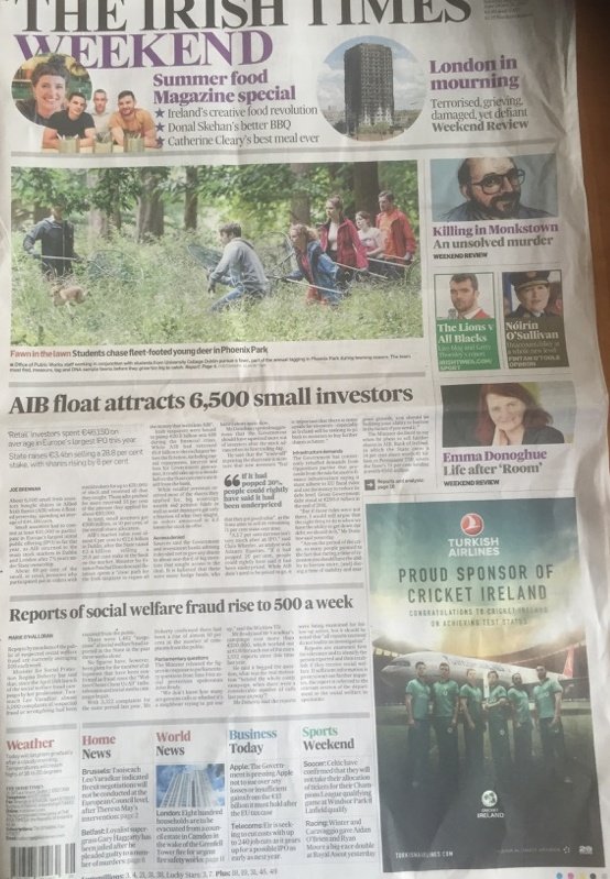 cricketireland's tweet photo. Big thank you to our sponsors @TurkishAirlines for their message of congratulations on the cover of today's @IrishTimes #IrelandTestStatus https://t.co/4ClIpZlVn4