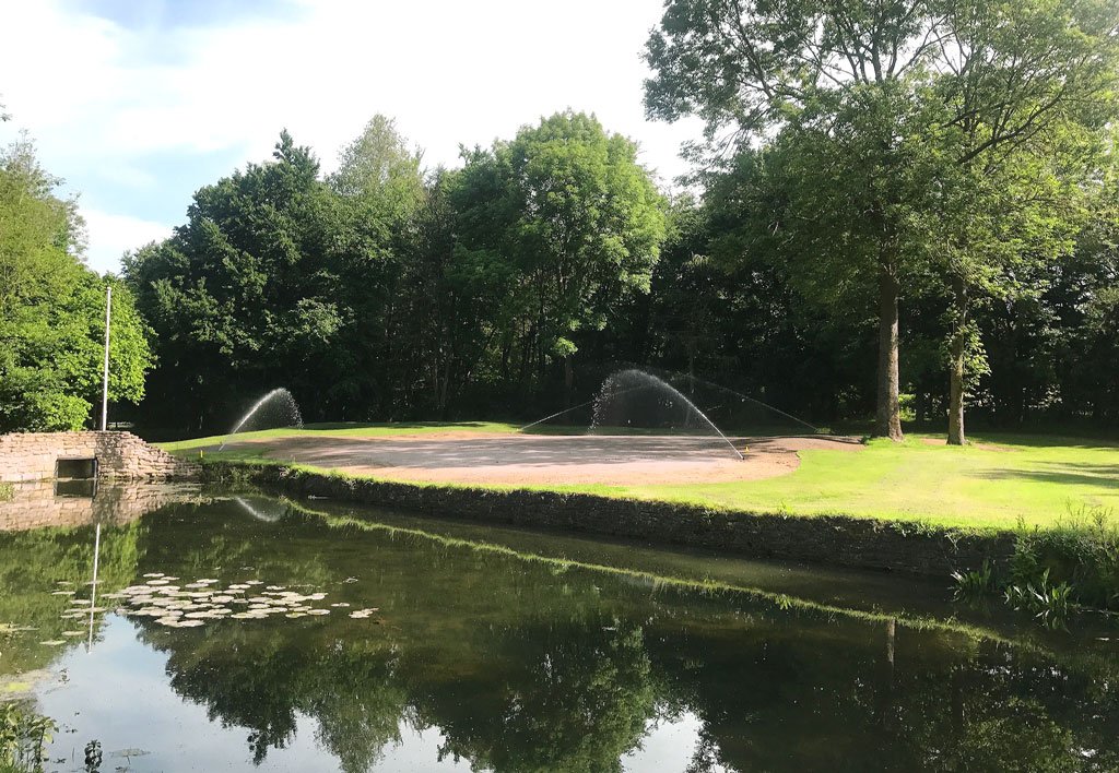 BuyIrrigation's tweet photo. Infamous @AbbotsleyGolfH Mousehole -needs accurate tee shot. Green by stream, shaded by trees. Fitted new sprinklers working with @Fineturf https://t.co/vYyvZ4f4TM