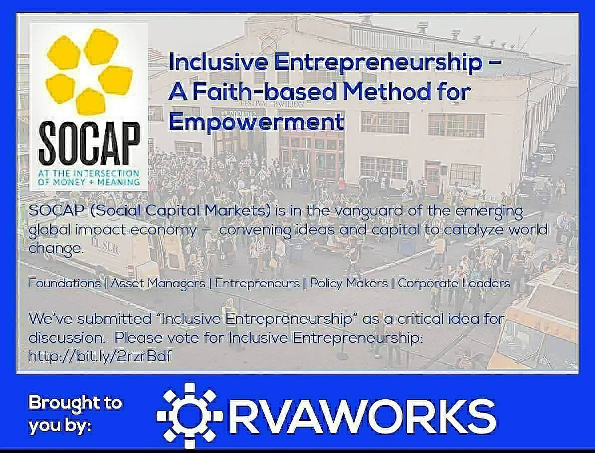 RVAWorks's tweet photo. Vote for Inclusive Entrepreneurship. Empower people through ownership @SOCAPmarkets
https://t.co/rddD20eHQj
#SOCAPGCP #SocEnt #ImpInv #1MC https://t.co/QFtojyqUfy
