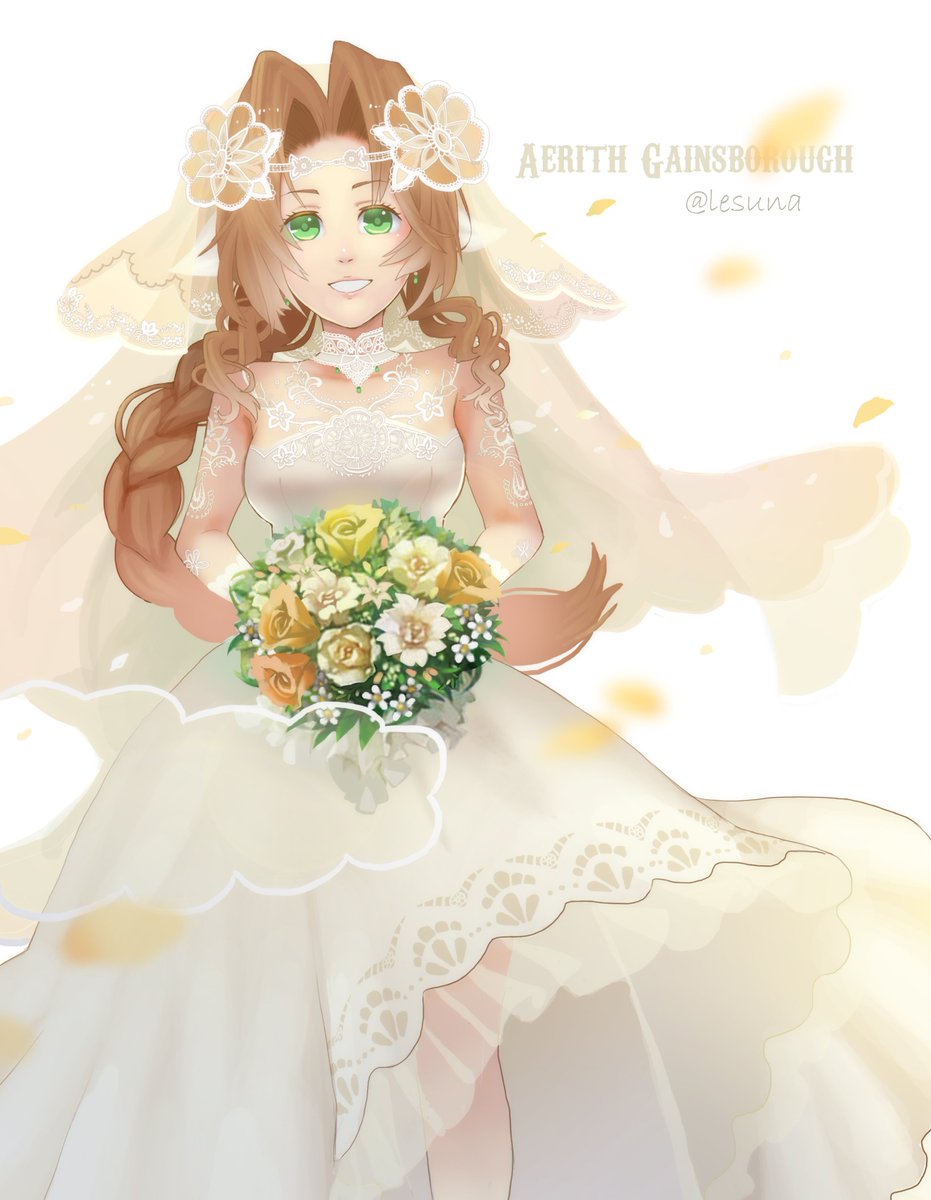 aerith gainsborough 1girl dress green eyes flower bouquet solo braid  illustration images