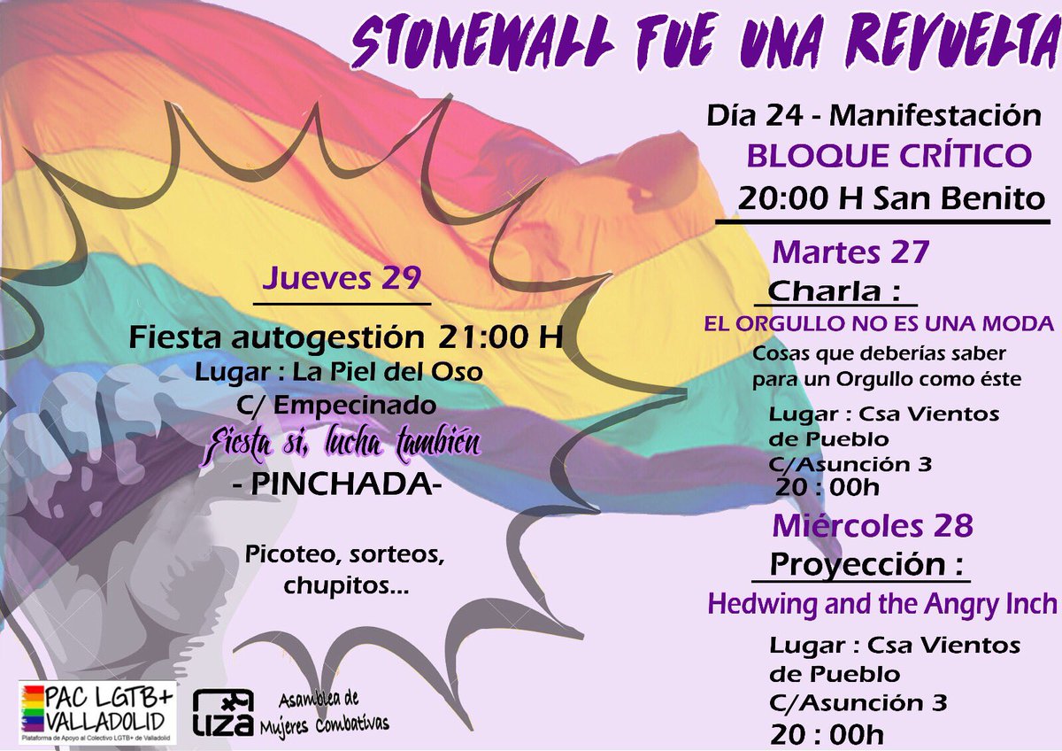 paclgtbplusva's tweet photo. Hoy día 24 manifestación por el orgullo, bloque crítico a las 20:00 h en San Benito!
La lucha es el único camino.
Nos vemos esta tarde 🌈 https://t.co/ghL1JKUPpQ