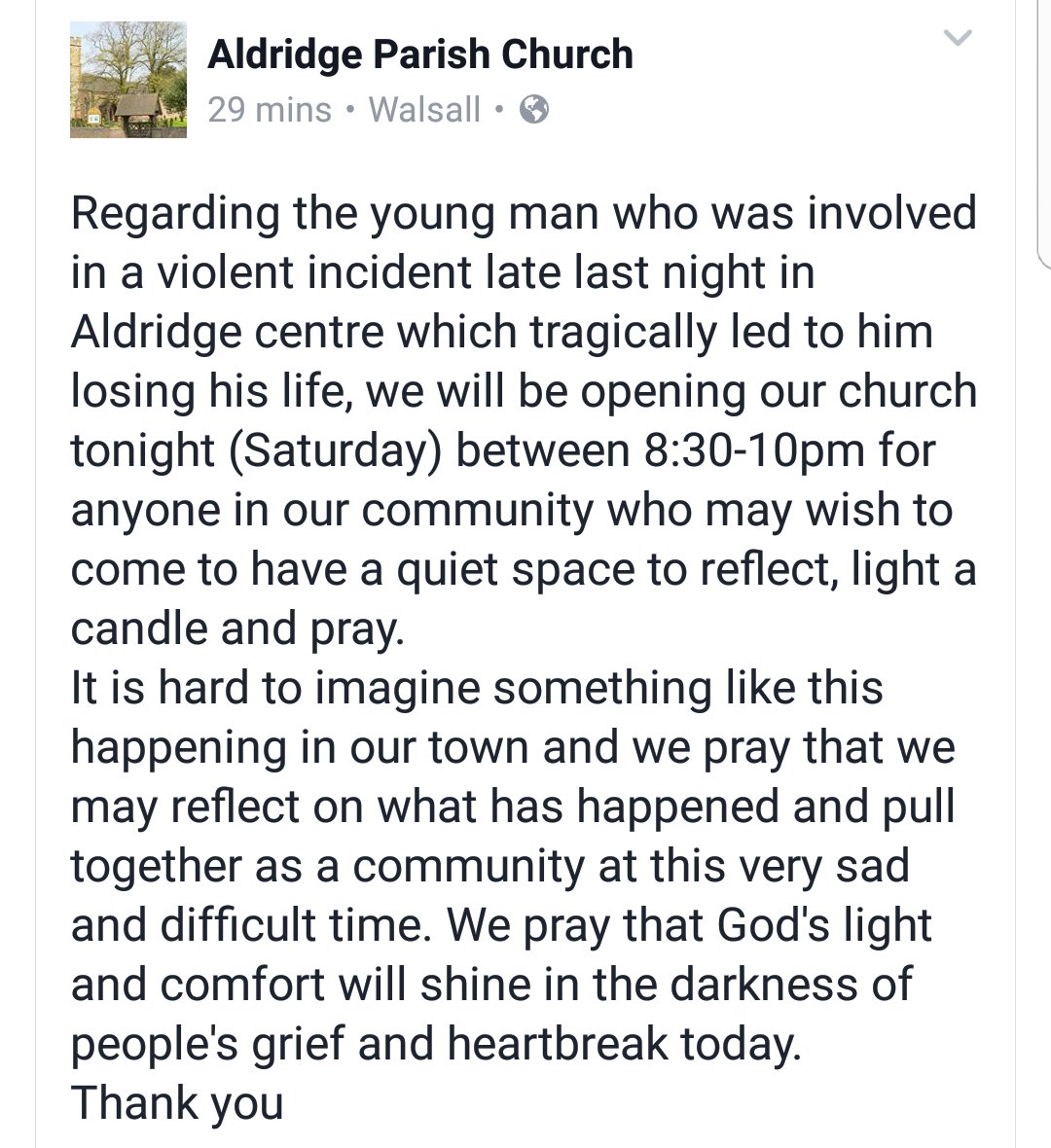 Aldridge Parish Church will be open tonight 8.30pm - 10pm. Details here