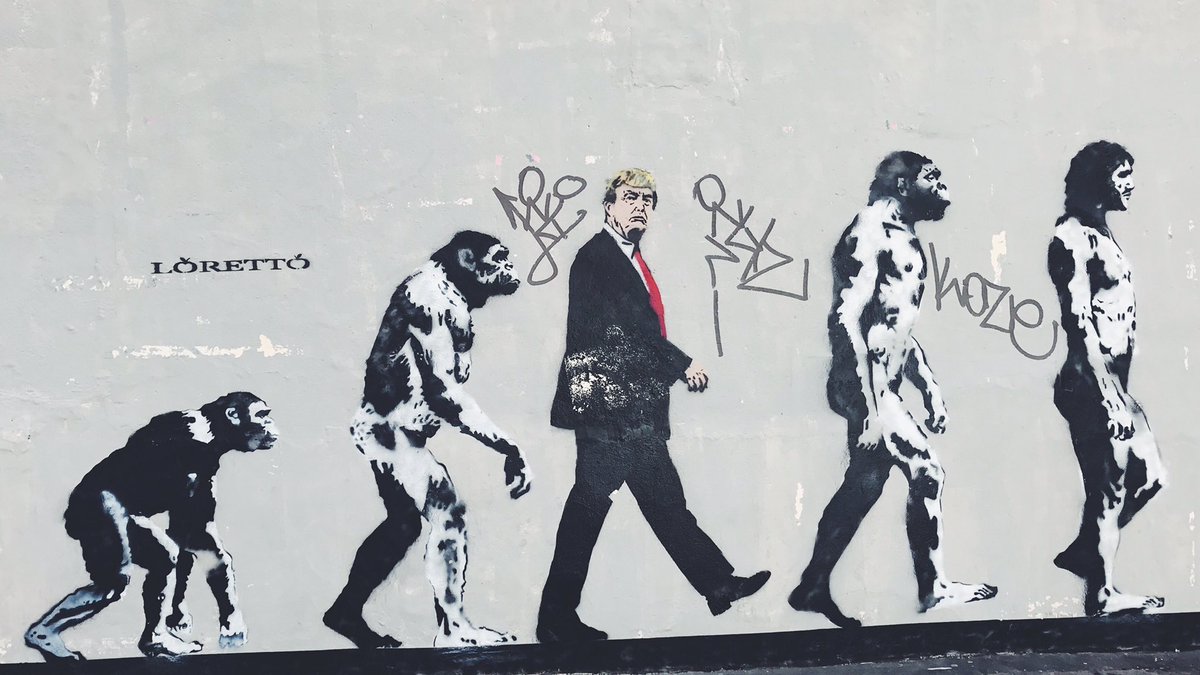 mmazco's tweet photo. Only in #Soho #London Does anyone know if this is a new #banksy? #evolution #darwinevolution #trump #man #ape #streetart https://t.co/lwRcM5mXP1