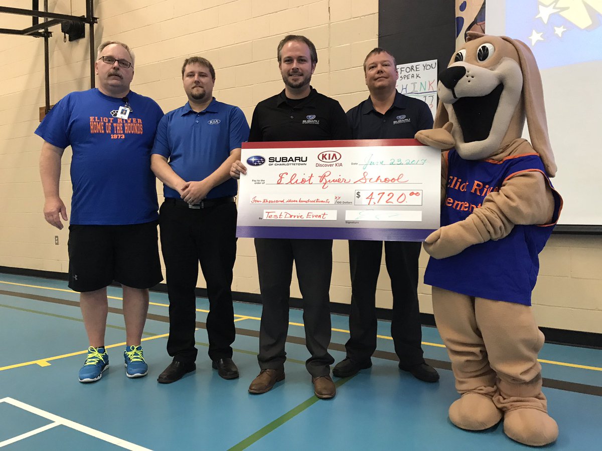 We stopped by <a href="/eliot_river/">Eliot River School</a> Friday morning to present a @KiaChTown <a href="/SubaruChTown/">Subaru of Charlottetown</a> cheque for $4,720 in support of gym lighting upgrades!