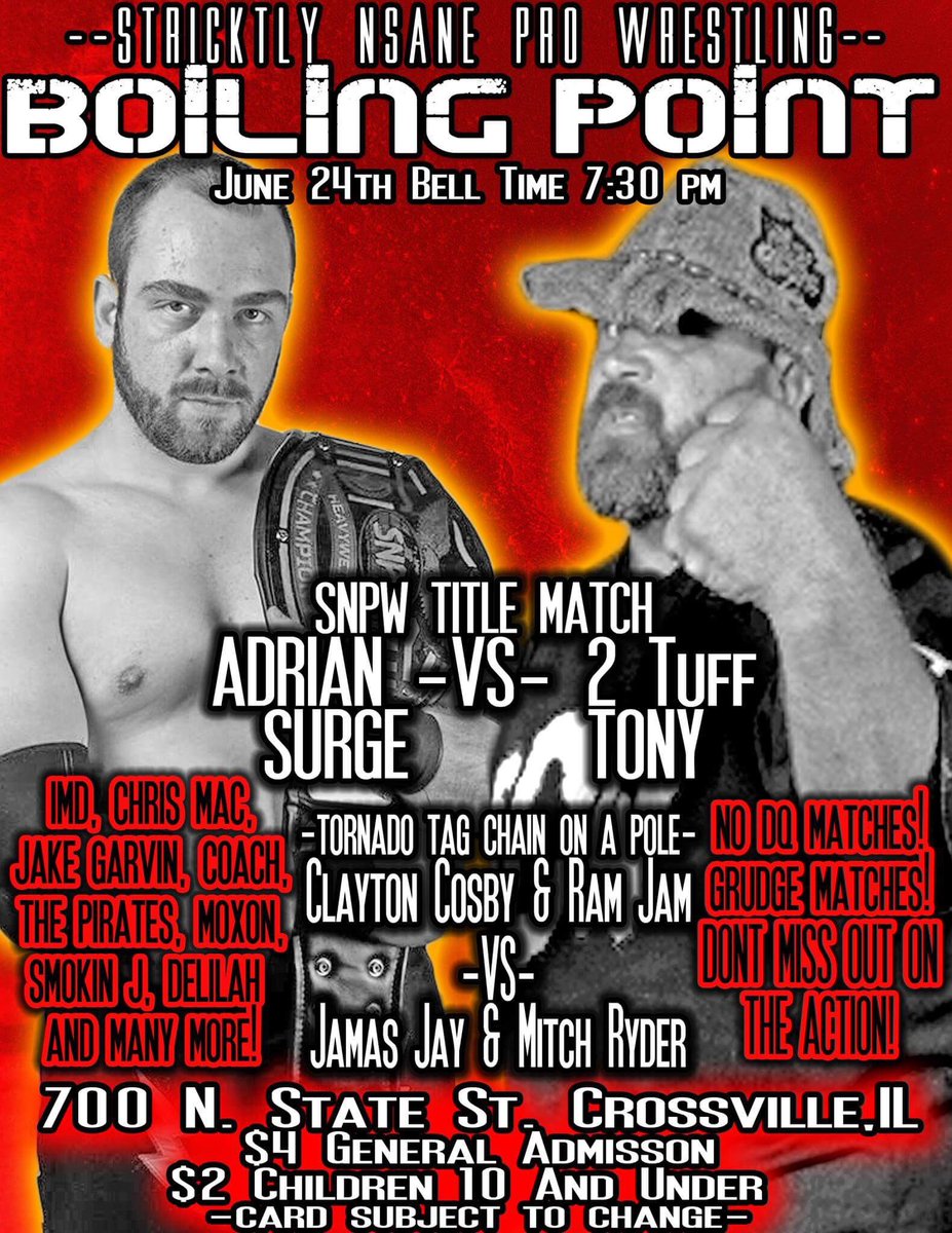 StricktlyNsane's tweet photo. 2niteCROSSVILLE IL Let'sGetNsane RT @adg822 @VikingRudolph @AdrianSurge @IMD_BALANCE @ChadRockmanIMD @Viper_Venom89 @2TuffTonyJCW #snpw https://t.co/YQacUw5E6c