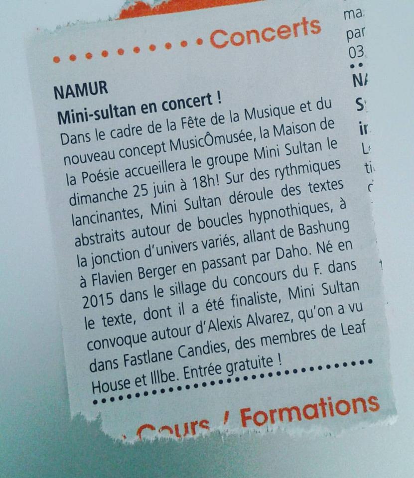 SultanMini's tweet photo. A demain #Namur pour la #Fetedelamusique, c'est à 18h à la #Maisondelapoésie et faut venir, c'est #Vlan qui le dit! https://t.co/YTmJfW0lsU
