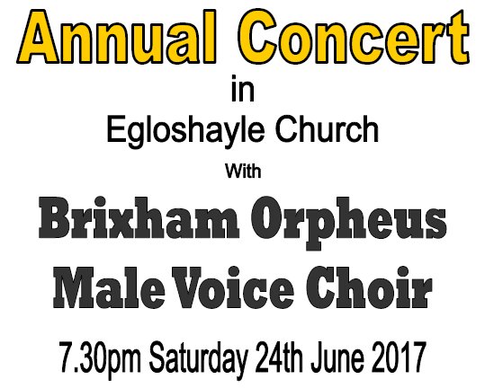 Saturday 24 June #Egloshayle #Church Wadebridge Annual Concert with Brixham MALE VOICE CHOIR 7.30pm  #Cornwall 

<a href="/CornwallSport/">BBC Sport Cornwall</a> <a href="/BBCCornwall/">BBC Cornwall</a>