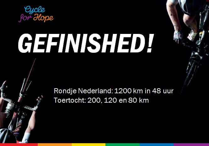 CycleforHopeNL's tweet photo. GEFINISHED! Urenlang doorzetten bij tegenwind, regen, hitte: wat zijn we TROTS! Voorinschrijving 2018 open: https://t.co/NrtBUukpov #cfh2017 https://t.co/3iAa3cH5ho