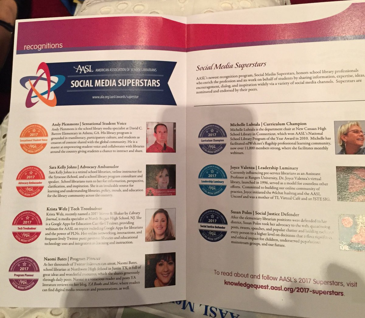 jane_librarian's tweet photo. #alaac17 attendees: the @aasl 2017 social media superstars are all #mustfollows #alaac17 #AASLawards https://t.co/94x6bEN2Sz