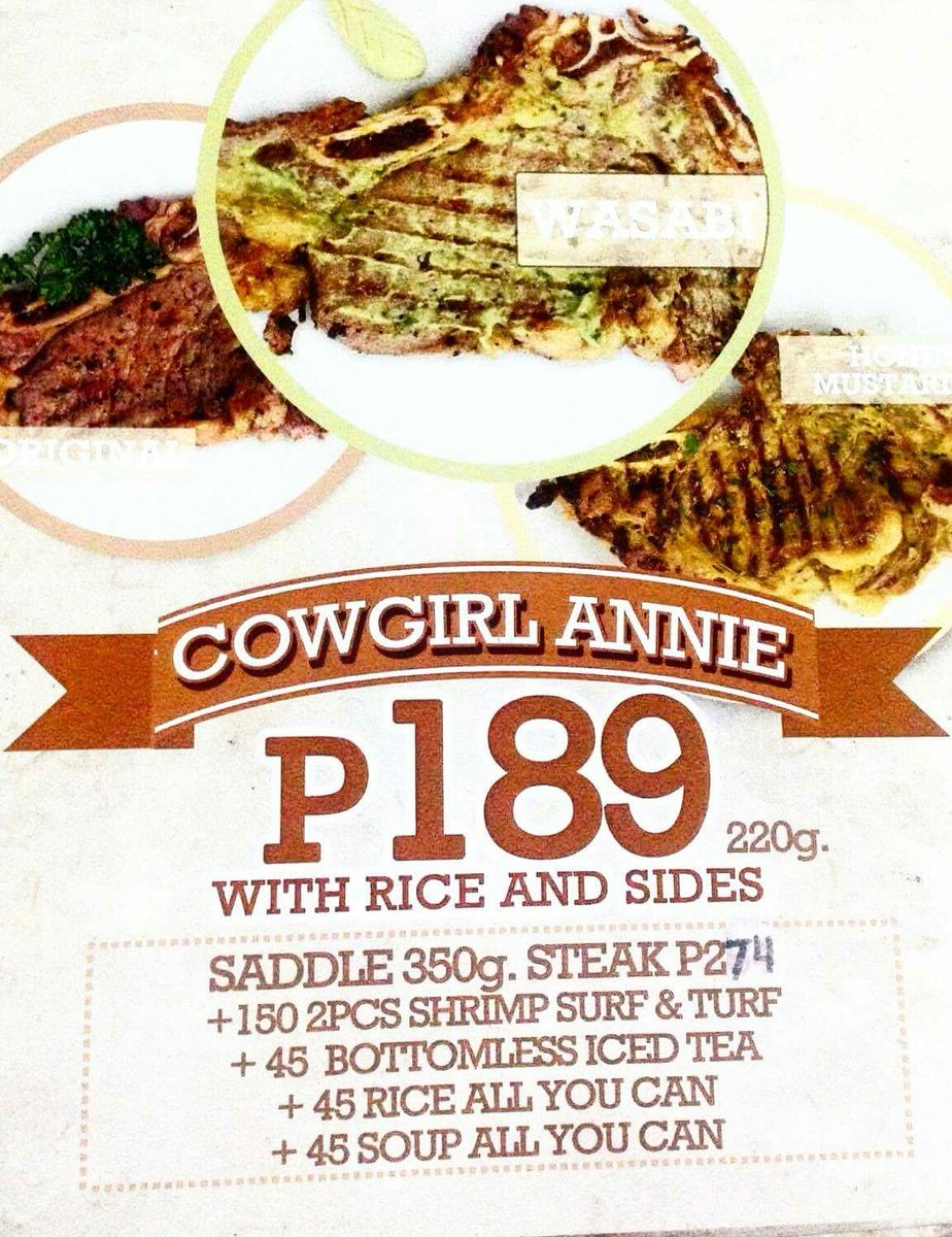 BrickfireMH's tweet photo. For only P189.00 you'll enjoy there best selling steak #CowgirlAnnie. Comes with 3 variants: #Original #Wasabi and #HoneyMustard 😁🍴🍖 https://t.co/sIK25ZL4q6