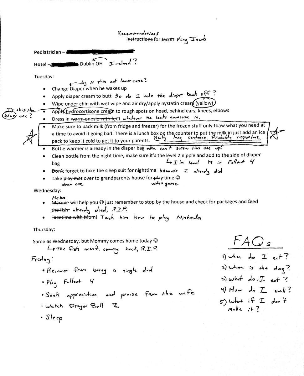 parents's tweet photo. Dad Hilariously Edits Wife's Baby Care Instructions https://t.co/uomchRxS3t https://t.co/8IdKQHmI3O