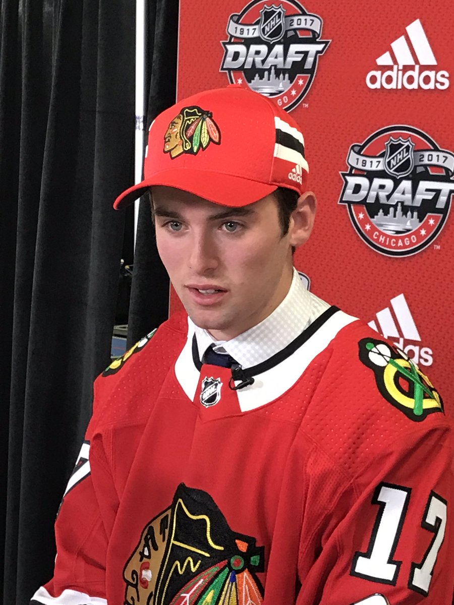 NHLBlackhawks's tweet photo. 3rd rounder Evan Barratt still a little emotional after getting picked in front of hometown fans. Going to Penn St. https://t.co/NwUocaFEok