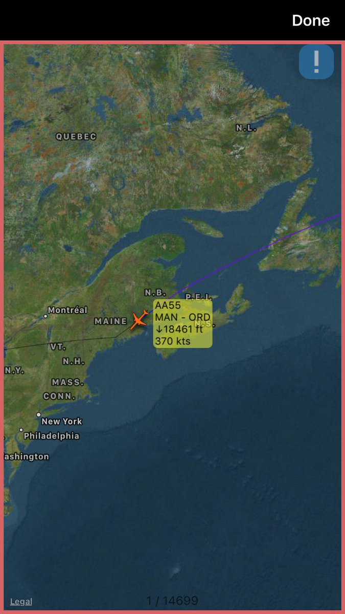 FlightIntl's tweet photo. DIVERSION: American Airlines flight #AA55 from Manchester to Chicago (ORD) is diverting to Bangor (BGR) https://t.co/u9pc57vmuo