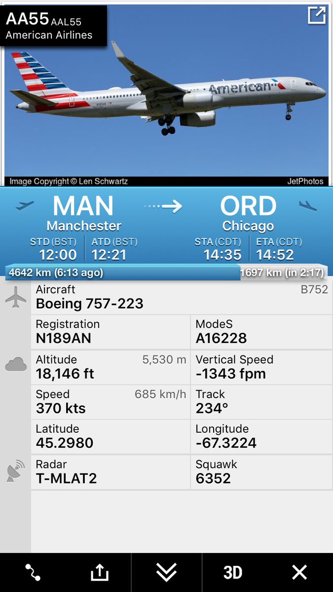 FlightIntl's tweet photo. DIVERSION: American Airlines flight #AA55 from Manchester to Chicago (ORD) is diverting to Bangor (BGR) https://t.co/u9pc57vmuo