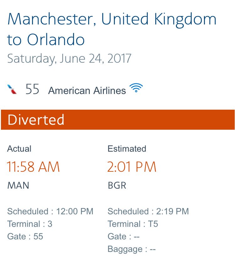 FlightIntl's tweet photo. DIVERSION: American Airlines flight #AA55 from Manchester to Chicago (ORD) is diverting to Bangor (BGR) https://t.co/u9pc57vmuo