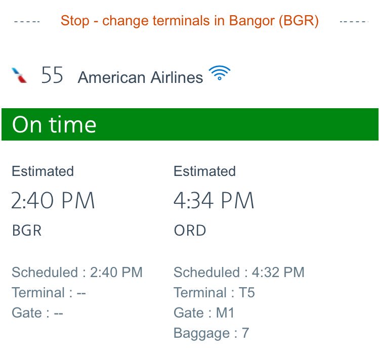 FlightIntl's tweet photo. DIVERSION: American Airlines flight #AA55 from Manchester to Chicago (ORD) is diverting to Bangor (BGR) https://t.co/u9pc57vmuo