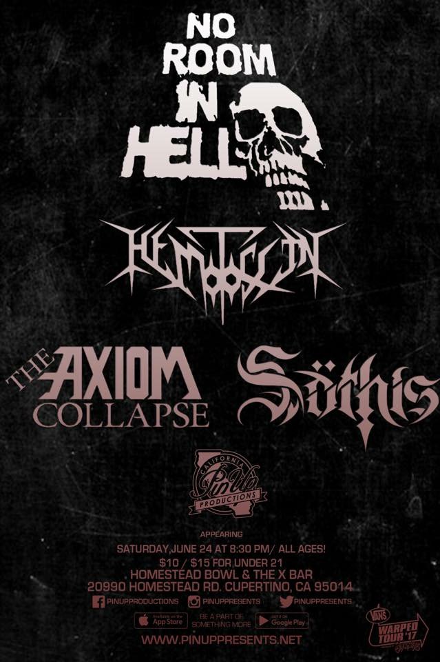 PinUpPresents's tweet photo. TONIGHT TONIGHT TONIGHT #NoRoomInHell @Hemotoxin666 #TheAxiomCollapse #SoThis at The Xbar in Cupertino! https://t.co/l7THItjA25