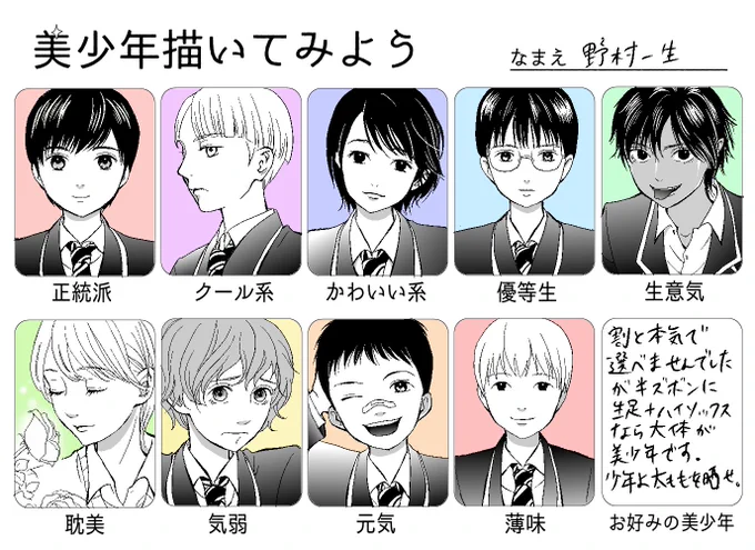 #美少年描いてみよう 同じ学園の10～14歳位の子という前提で描いてみました。前髪パッツンとか褐色肌とか普段描かないような外見を沢山描けて楽しかったです。 