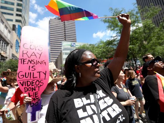 Enquirer's tweet photo. Seeing same fight, Pride Parade welcomes Black Lives Matters marchers https://t.co/YLdu58xlNm https://t.co/JPq0tiuCYC