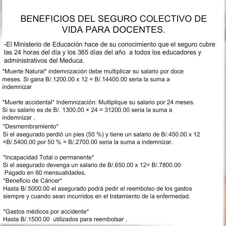 MeducaPma's tweet photo. #MeducaInforma
Beneficios del seguro colectivo de vida para Docentes. https://t.co/iaWBzLV3Jt