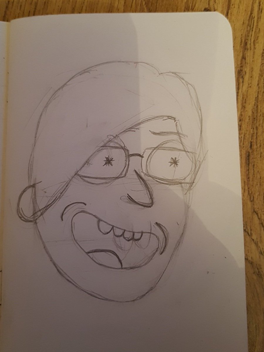RoundAnimation1's tweet image. First quick sketch. Me in the style of Rock &amp;amp; Morty. Just doing heads for now as using a teeny tiny sketchbook.