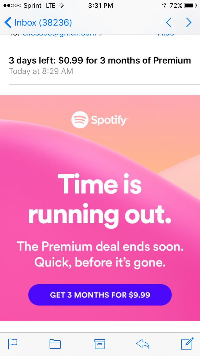 ellesseclark's tweet photo. @Spotify what's up with the false advertising? Love u guys but u got my hopes up with the subject line #giveitfor.99 https://t.co/proeqWNAZv