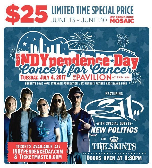 coupdetatindy's tweet photo. 5 days left to get your hands on discounted tickets for INDYpendence Concert for Cancer! Use the promo code MOSAIC https://t.co/JnKL9us3VG https://t.co/uXCOj1yOqC