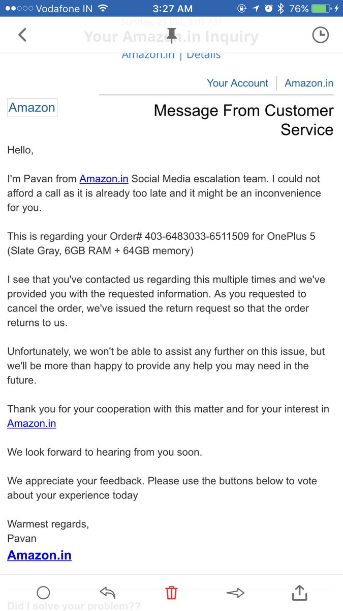 neobond007's tweet photo. @AmazonHelp @JeffBezos @amazonIN this is how the situation is tackled?? You close the issue without the customer being satisfied?? Wow!! https://t.co/3WkkiL4Y06