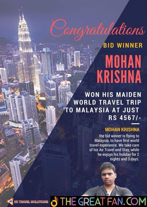 thegreatfans's tweet photo. Congratulations Mohan Krishna on winning the bid for a trip to Malaysia at just Rs 4567 at https://t.co/B1PCECrACc. #SaveHIVKids https://t.co/gom2JGoxRM