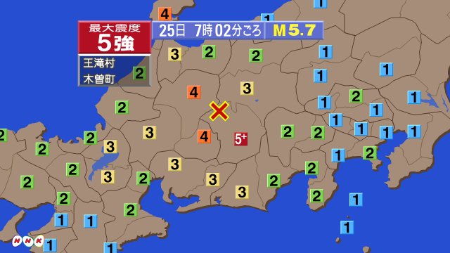 【長野県で震度5強】(再掲)先ほど午前7時2分ごろ、長野県で強い地震がありました。王滝村と木曽町で震度5強を観測。この地震による津波の心配はありません。震源は長野県南部、マグニチュードは5.7と推定。 www3.nhk.or.jp/sokuho/jishin/…