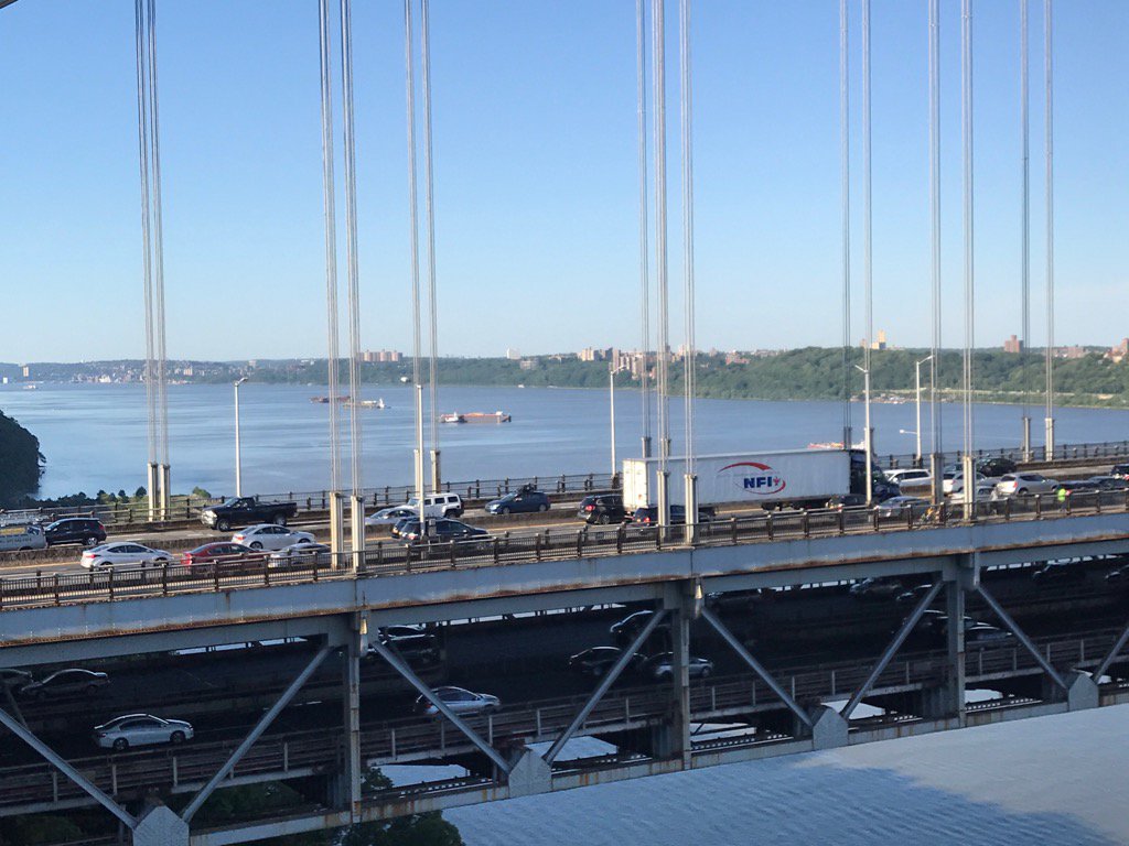 BasilKaratzas's tweet photo. Four #ATB #tankbarges in shadow of busy #GWB bridge. Tankers supplying the demand, one could say. #KaratzasImages https://t.co/KJK7jOQrt8