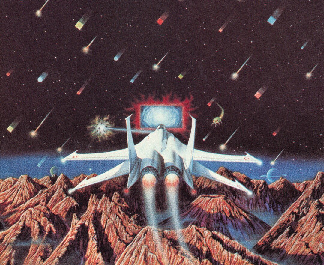 Art for the Atarisoft Stargate manual for Apple II computers 1983. Artist uncredited