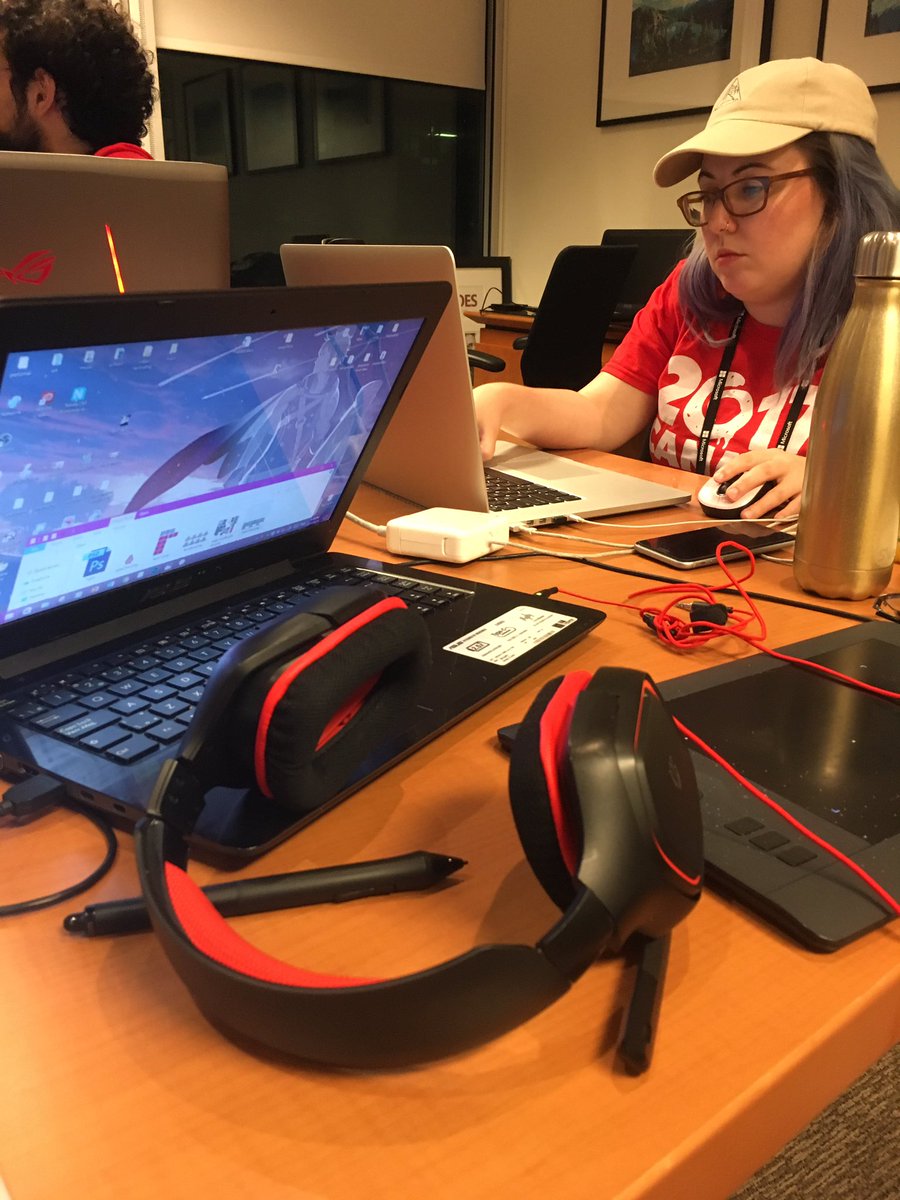 Kat_Mulli's tweet photo. Hard at work @ottawagamejam with @Well_Wallace and the crew. The exhaustion is real. 🎮😴#OJAM2017 https://t.co/yxpDZPstqy