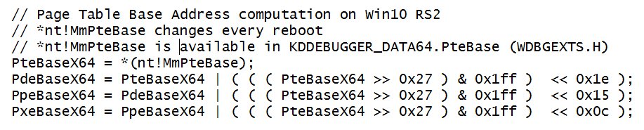 codemachineinc's tweet photo. Page table addresses are randomized in Win10 RS2. Here is how to compute the base address of the PTE, PDE, PPE and PXE on X64. #wininternals https://t.co/Q8SkHAcMYQ