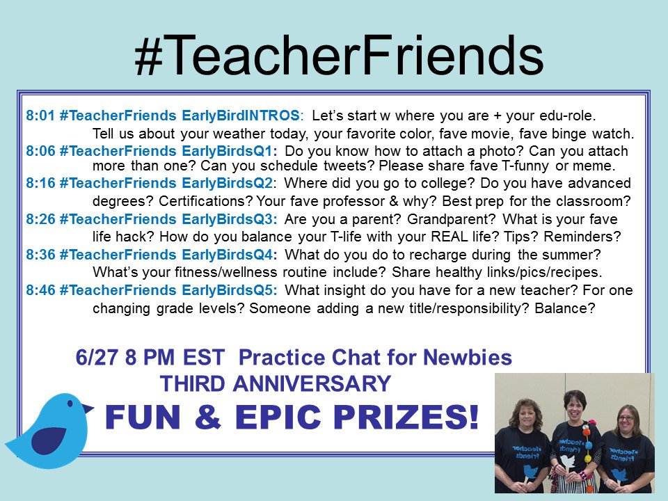 KweezleQueen's tweet photo. #TeacherFriends Here are the questions we will use on 6/27 for the first hour, especially for newbies @jocelyn_vandyke Register to win! https://t.co/7FOL7bDZUO