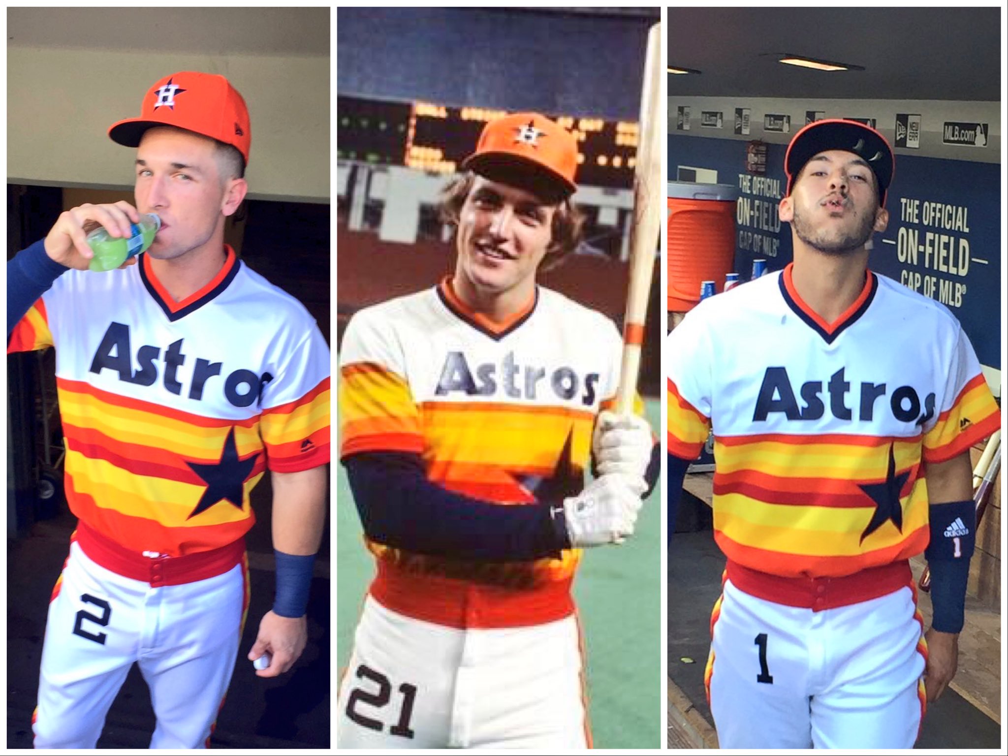 Mike Acosta on X: Another nice job on tonight's 1977 Astros rainbow  uniforms by @MajesticOnField. Comparison pic with Terry Puhl. Photos by  @JuliaMorales.  / X