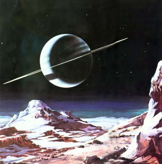Planet Saturn, as seen from Titan, illustrated by Klaus Bürgle. #space