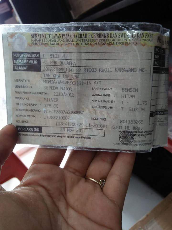 Assalamualaikum
 kehilangan stnk ats nmal HJ EHA JULAEHA stnk nya ada di alfamart adiarsa barat babakan bandung.sudah sebulan ada disini