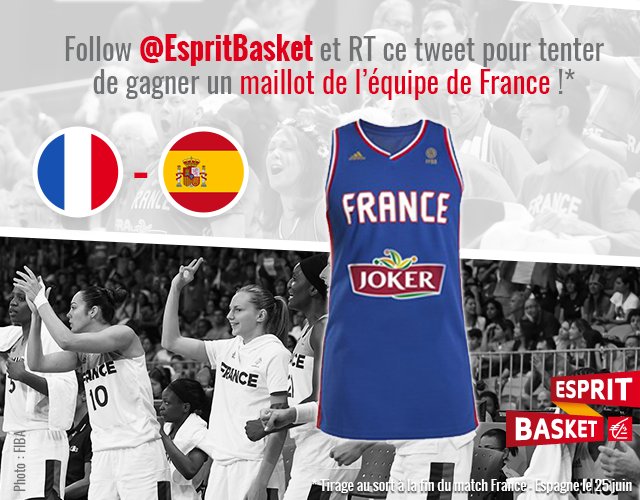 EspritBasket's tweet photo. #JeuConcours Follow + RT pour tenter de gagner un maillot des Bleues à l'occasion de la finale #FRAESP 🇫🇷 - 🇪🇸 ! #EspritBasket 🏀 https://t.co/OXvgerWnQf